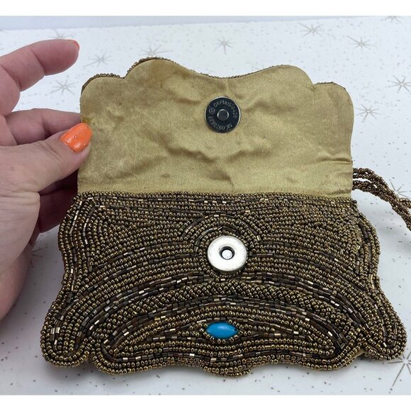 Vintage 50s bronze beaded wristlet, small clutch purse, with turquoise inserts - Picture 6 of 9
